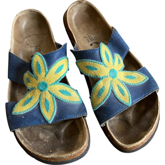 Vintage Betula Birkenstock Navy Blue Floral Flower Sandals Slides Size 39 (US 8) - Picture 1 of 6